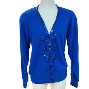 Vintage Karen Scott Angora Sequin‎ Bow Cardigan Blue Y2K Coquette Sweatercore M
